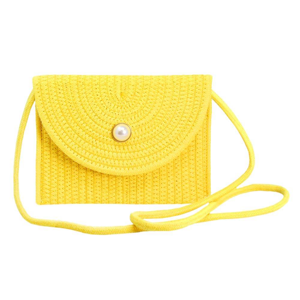 Solid Color With Pearl Button Straw Micro Crossbody Bag - Madeline Love - Flyclothing LLC