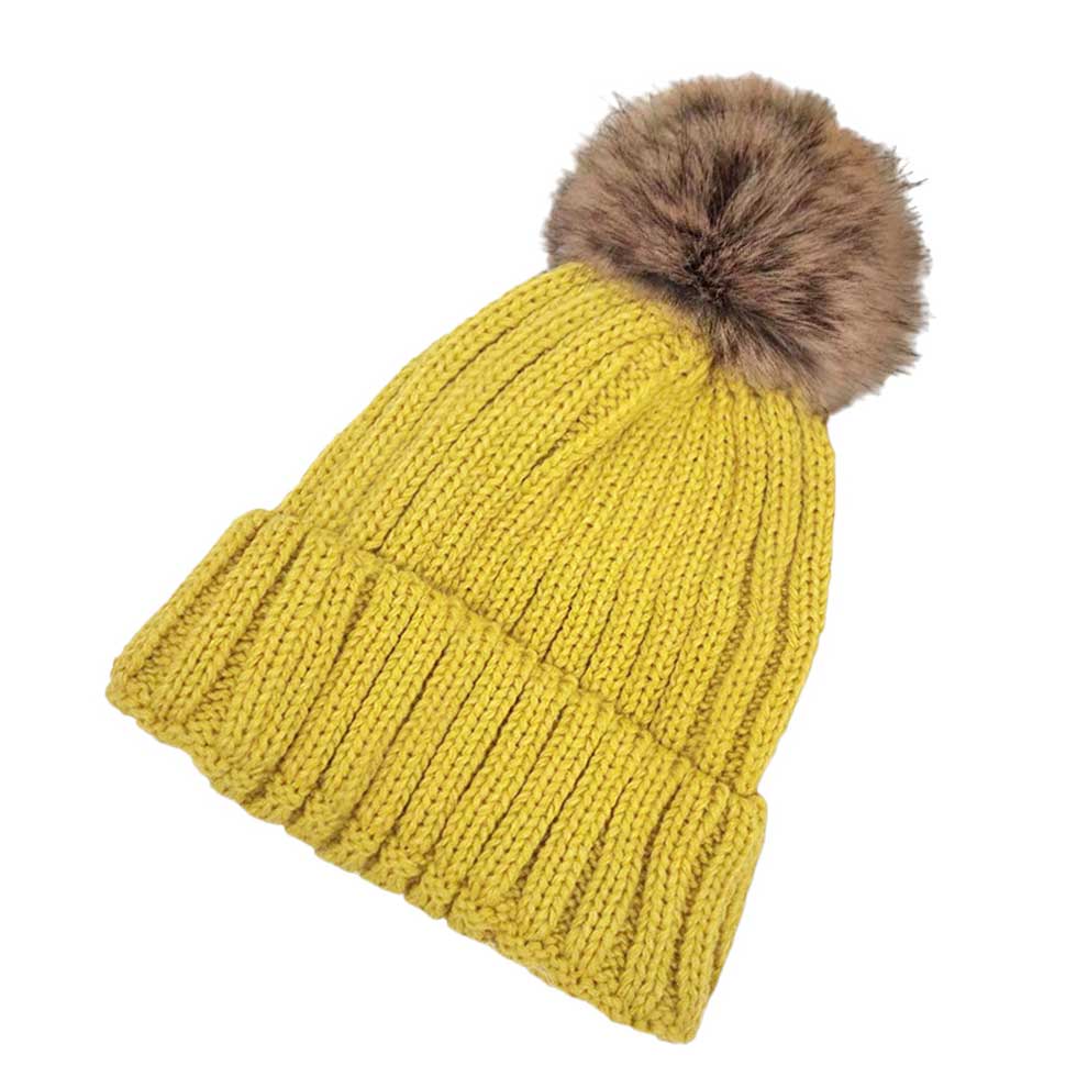 Solid Knit Faux Fur Pom Pom Beanie Hat - Madeline Love - Flyclothing LLC
