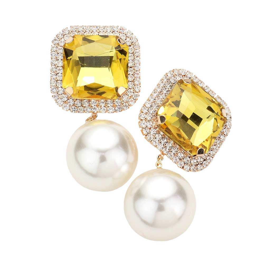 Square Stone Pearl Link Dangle Evening Clip on Earrings - Madeline Love - Flyclothing LLC