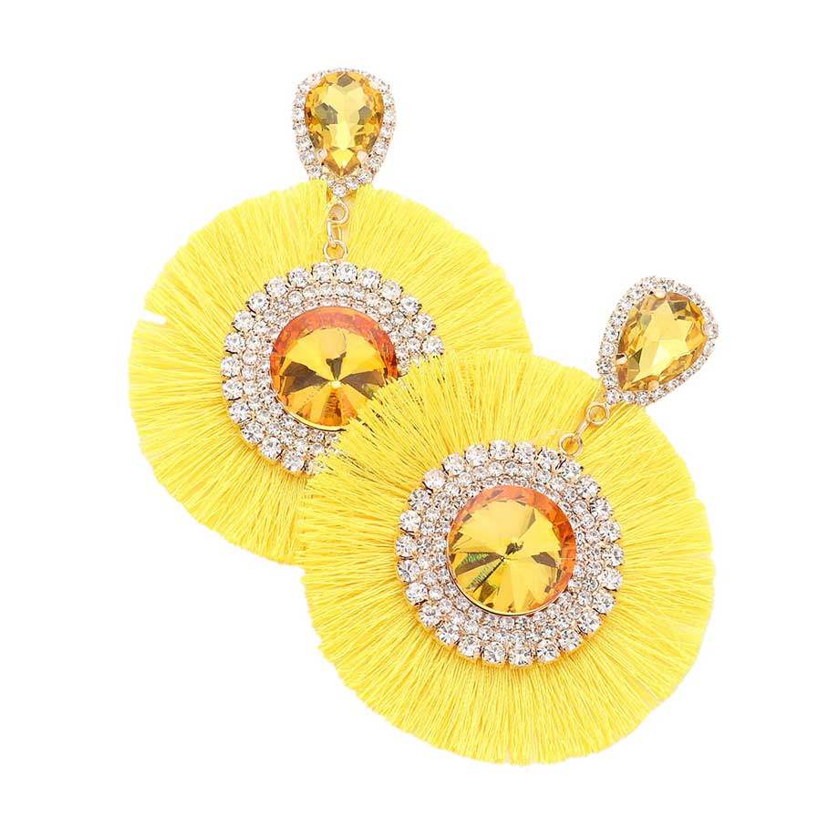 Teardrop Round Stone Accented Tassel Fringe Dangle Earrings - Madeline Love - Flyclothing LLC