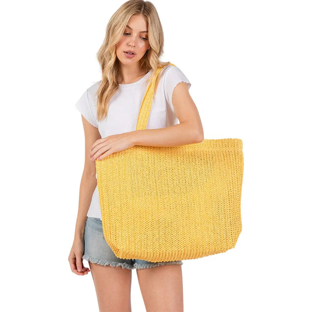 Solid Crochet Straw Tote Bag / Beach Bag - Madeline Love - Flyclothing LLC