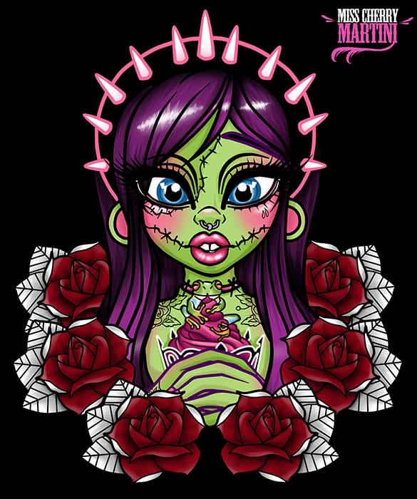 Black Market Art Company Zombie Girl Roses Print