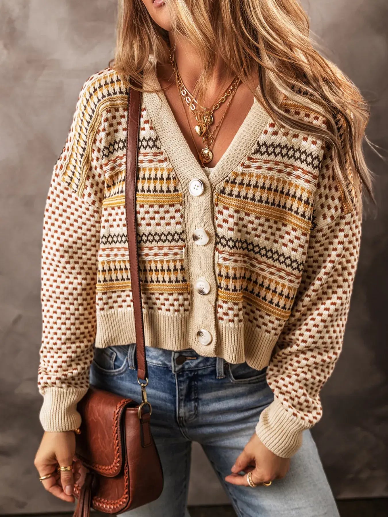 Vintage Patterned Button-Down Cardigan - Trendsi - Flyclothing LLC