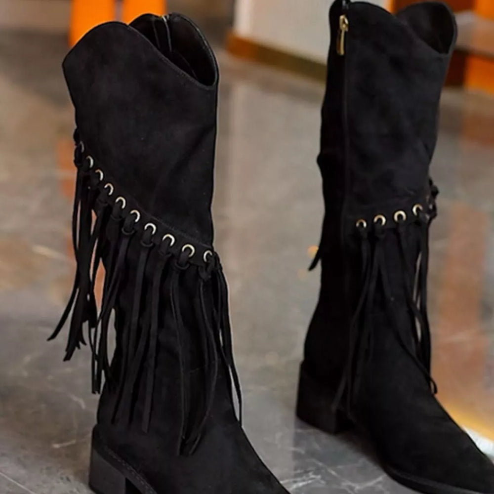Fringed Point Toe Block Heel Boots - Trendsi - Flyclothing LLC