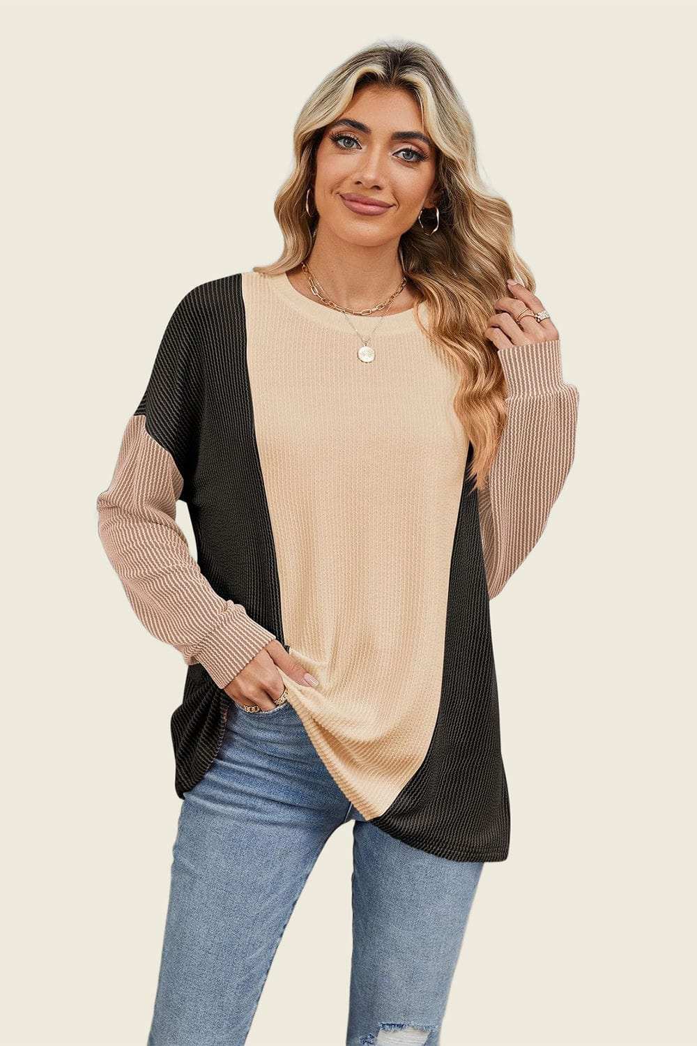 Double Take Texture Contrast Round Neck Long Sleeve T-Shirt - Trendsi - Flyclothing LLC