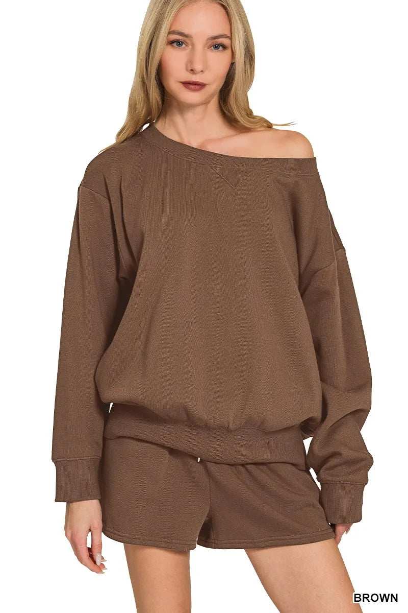 Zenana Fleece Boat Neck Sweatshirt and Shorts Set - Trendsi - Flyclothing LLC