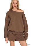 Zenana Fleece Boat Neck Sweatshirt and Shorts Set - Trendsi - Flyclothing LLC