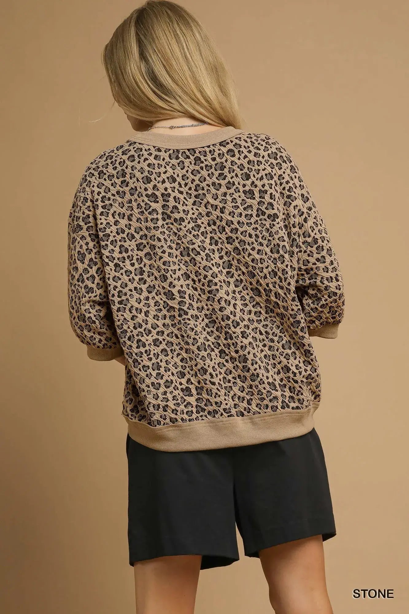 Umgee Leopard Knit Jacquard Puff Sleeve Sweatshirt - Trendsi - Flyclothing LLC