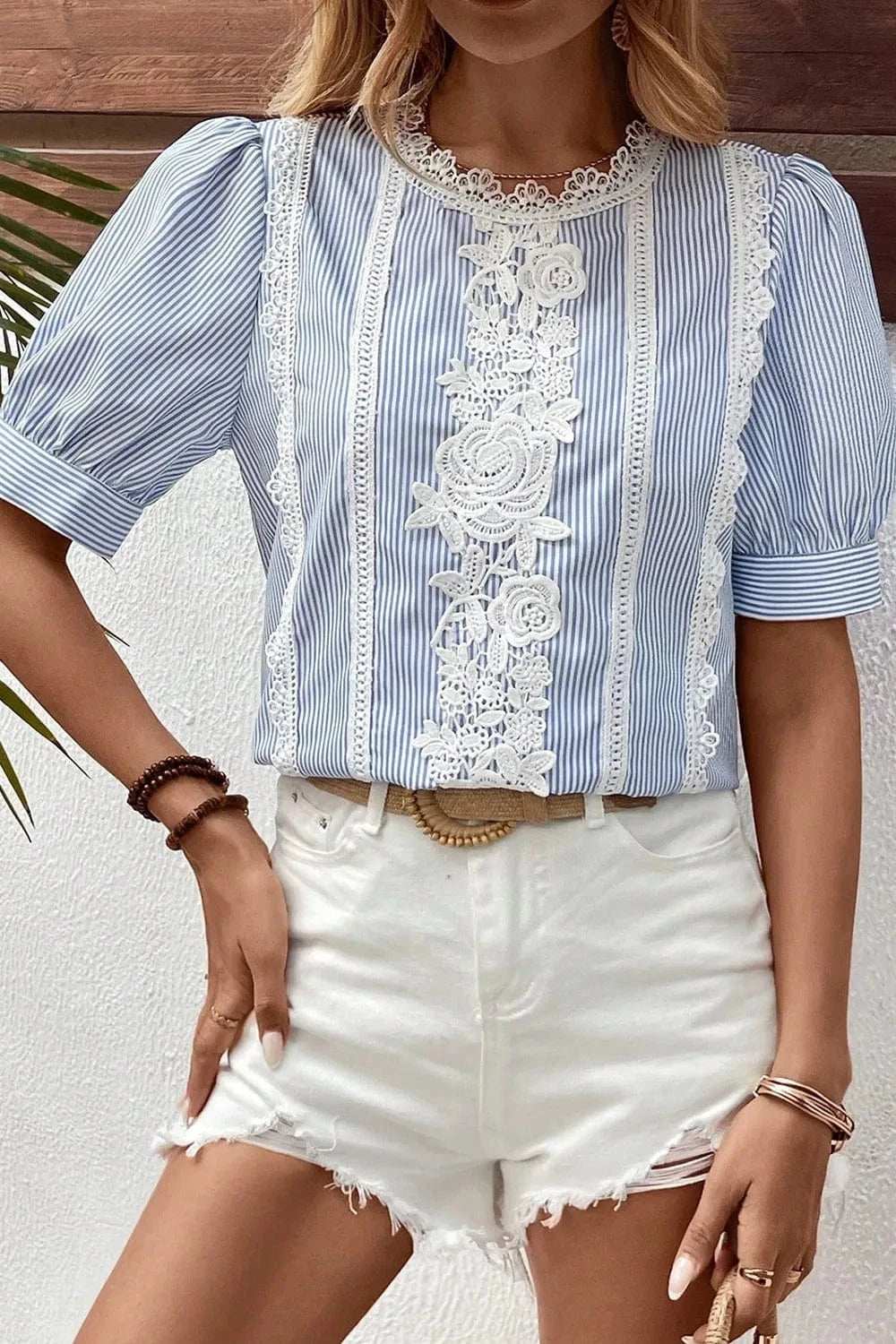 Lace Detail Striped Round Neck Half Sleeve Blouse - Trendsi - Flyclothing LLC