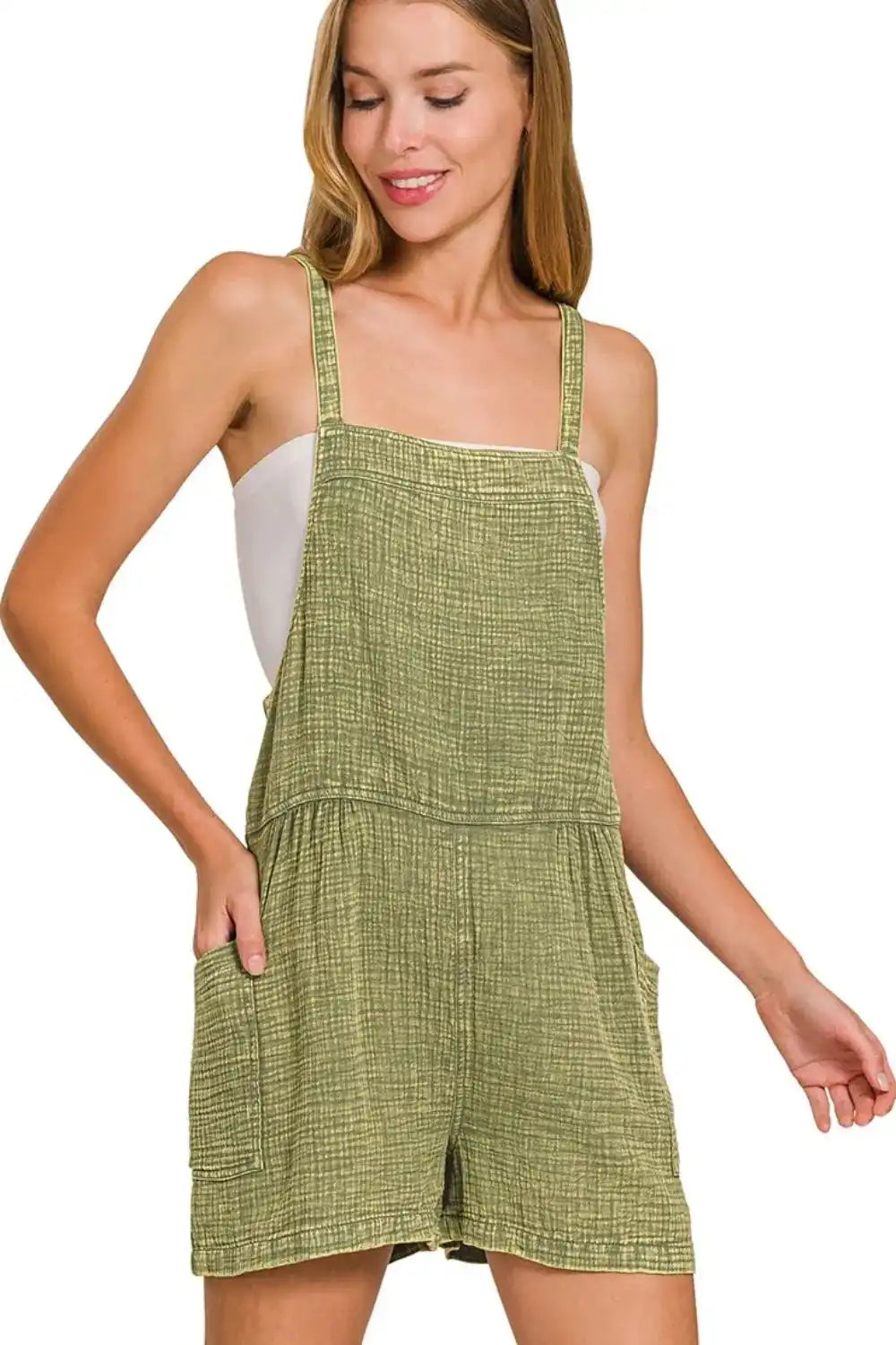 Zenana Washed Double Gauze Tie Back Rompers - Trendsi