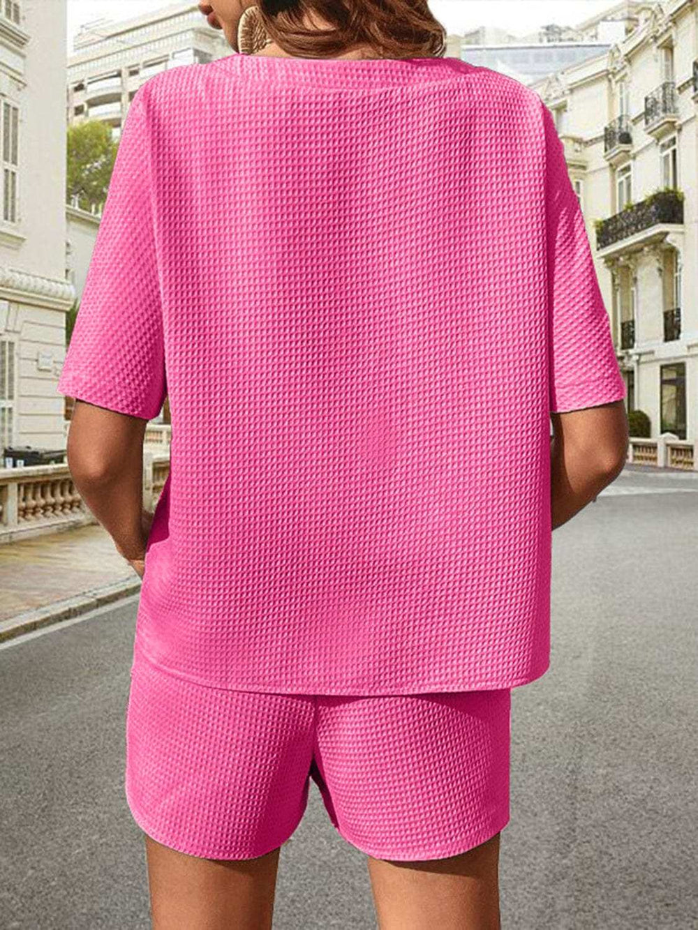 Waffle-Knit Half Sleeve Top and Shorts Set - Trendsi - Flyclothing LLC