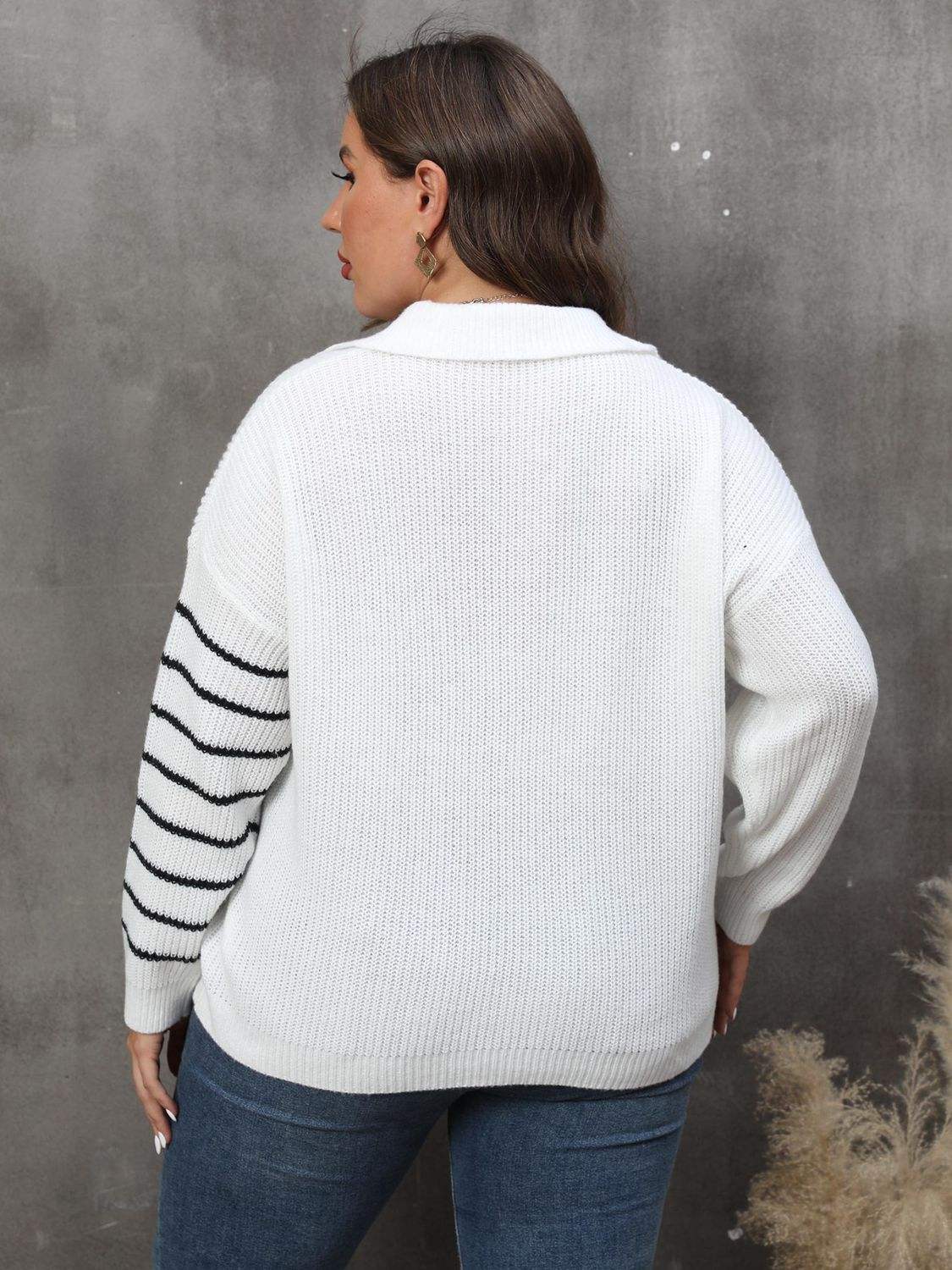 Plus Size Striped V-Neck Sweater - Trendsi - Flyclothing LLC