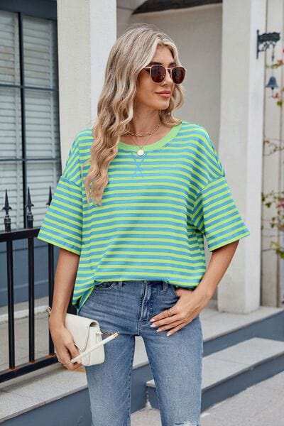 Contrast Striped Round Neck Half Sleeve T-Shirt - Trendsi - Flyclothing LLC