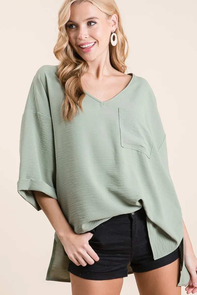 BiBi Flowy Woven V-Neck Top with Rolled Up Cuffs - Trendsi - Flyclothing LLC