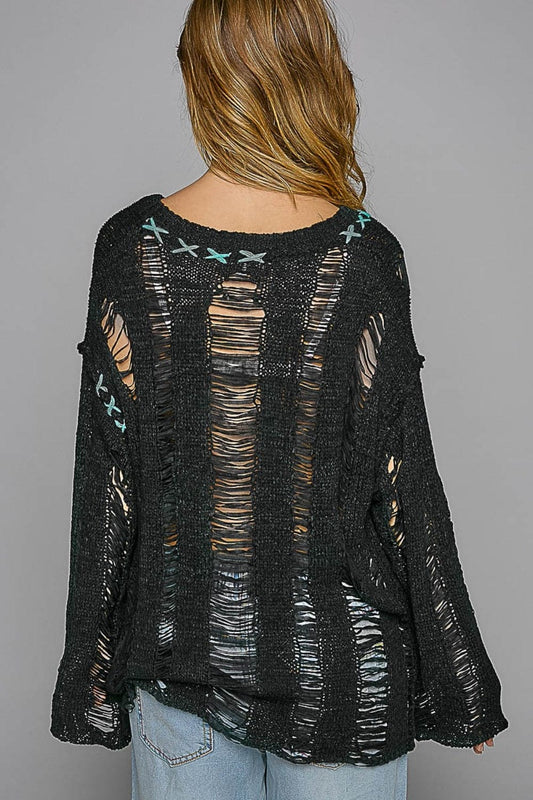 POL Distressed Dropped Shoulder Long Sleeve Knit Top - Trendsi