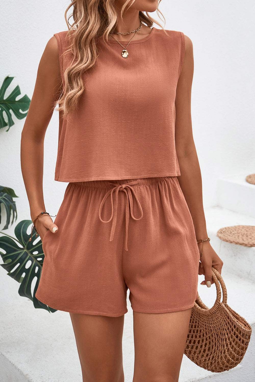 Round Neck Top and Drawstring Shorts Set - Trendsi - Flyclothing LLC