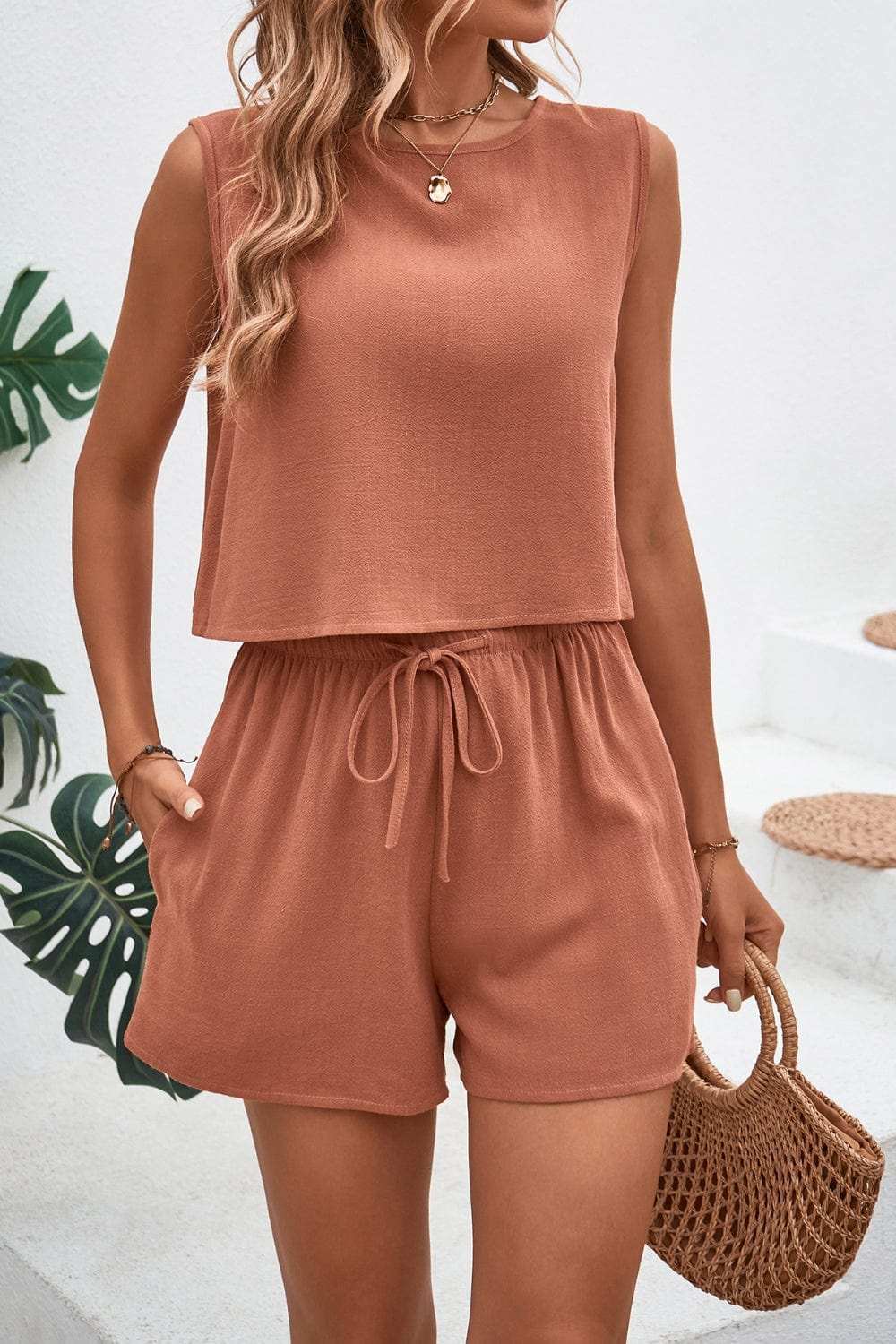Round Neck Top and Drawstring Shorts Set - Trendsi - Flyclothing LLC