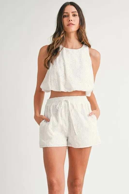 MABLE Eyelet Bubble Hem Sleeveless Top and Shorts Set - Trendsi - Flyclothing LLC