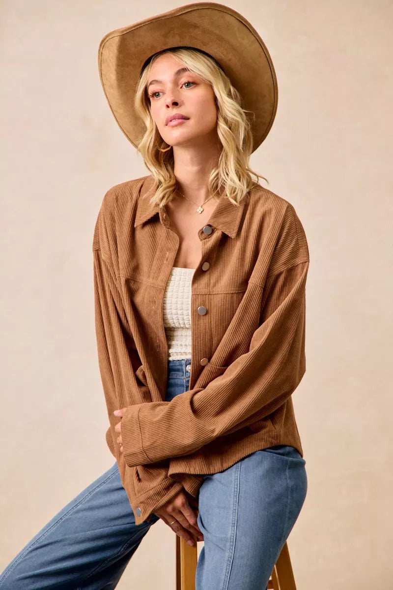 BiBi Corduroy Relaxed Fit Shacket with Back Pleat - Trendsi - Flyclothing LLC