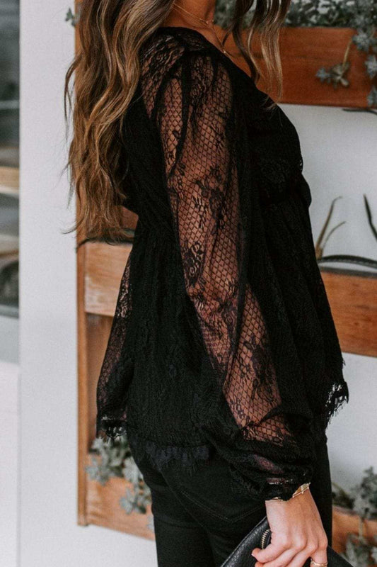 Lace Detail Plunge Long Sleeve Blouse - Trendsi - Flyclothing LLC