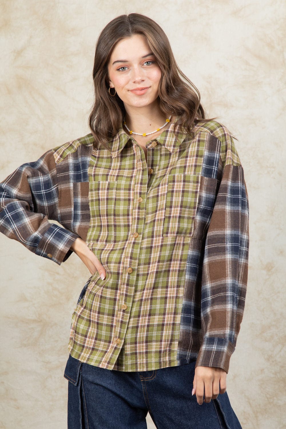 Plaid Collared Neck Button Up Long Sleeve Shirt - Trendsi