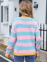 Striped Round Neck Dropped Shoulder Sweater - Trendsi - Flyclothing LLC