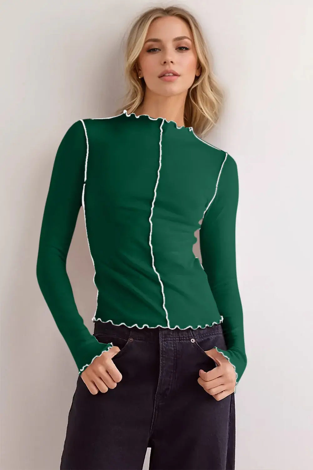 Basic Bae Contrast Trim Mock Neck Long Sleeve T-Shirt - ShopBasicbae - Flyclothing LLC