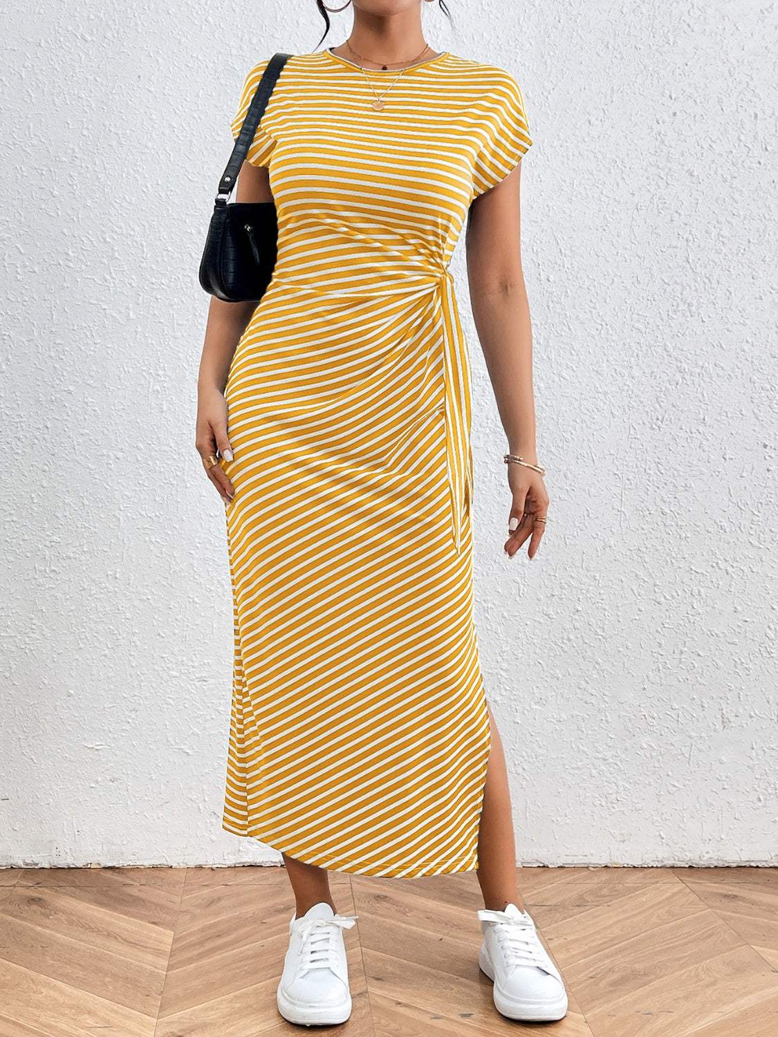 Tied Striped Round Neck Short Sleeve Tee Dress - Trendsi - Flyclothing LLC