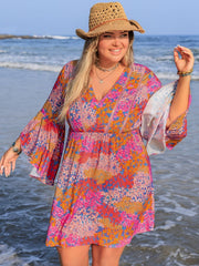 Plus Size Ruched Printed Long Sleeve Dress - Trendsi