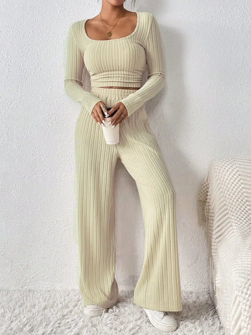 Scoop Neck Long Sleeve Top and Pants Set - Trendsi