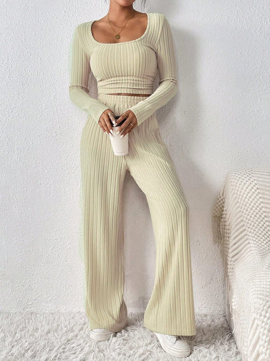 Scoop Neck Long Sleeve Top and Pants Set - Trendsi