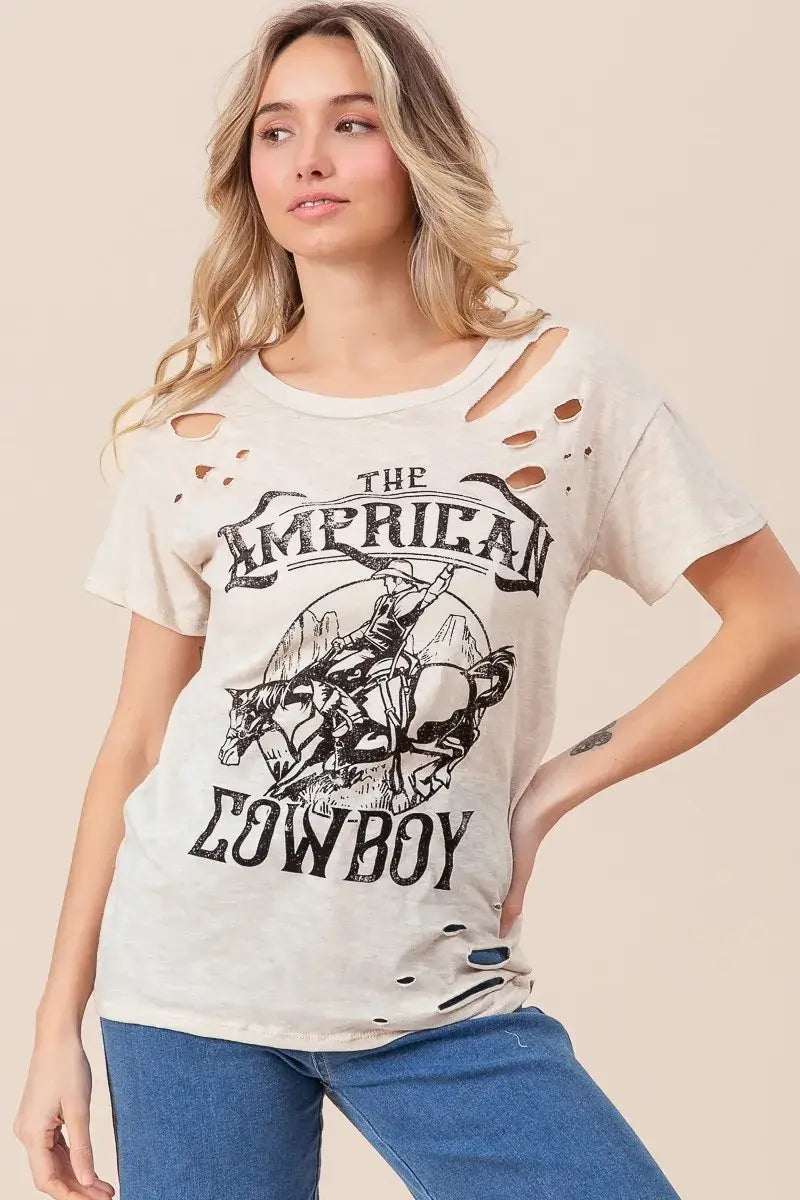 BiBi Cotton Slub Laser Top American Cow Boy Graphic - Trendsi - Flyclothing LLC