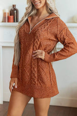 Zip-Up Cable Knit Drop Shoulder Sweater Dress - Trendsi - Flyclothing LLC