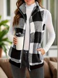 Pocketed Plaid Zip Up Vest Coat - Trendsi