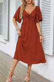 Smocked Tie Front Flutter Sleeve Midi Dress - Trendsi - Flyclothing LLC