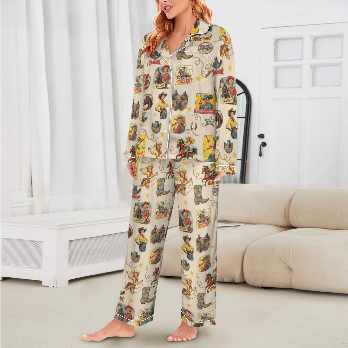 Baha Ranch Vintage Cowgirl Collage Western Rodeo Satin Pajamas - Baha Ranch Western Wear - Flyclothing LLC