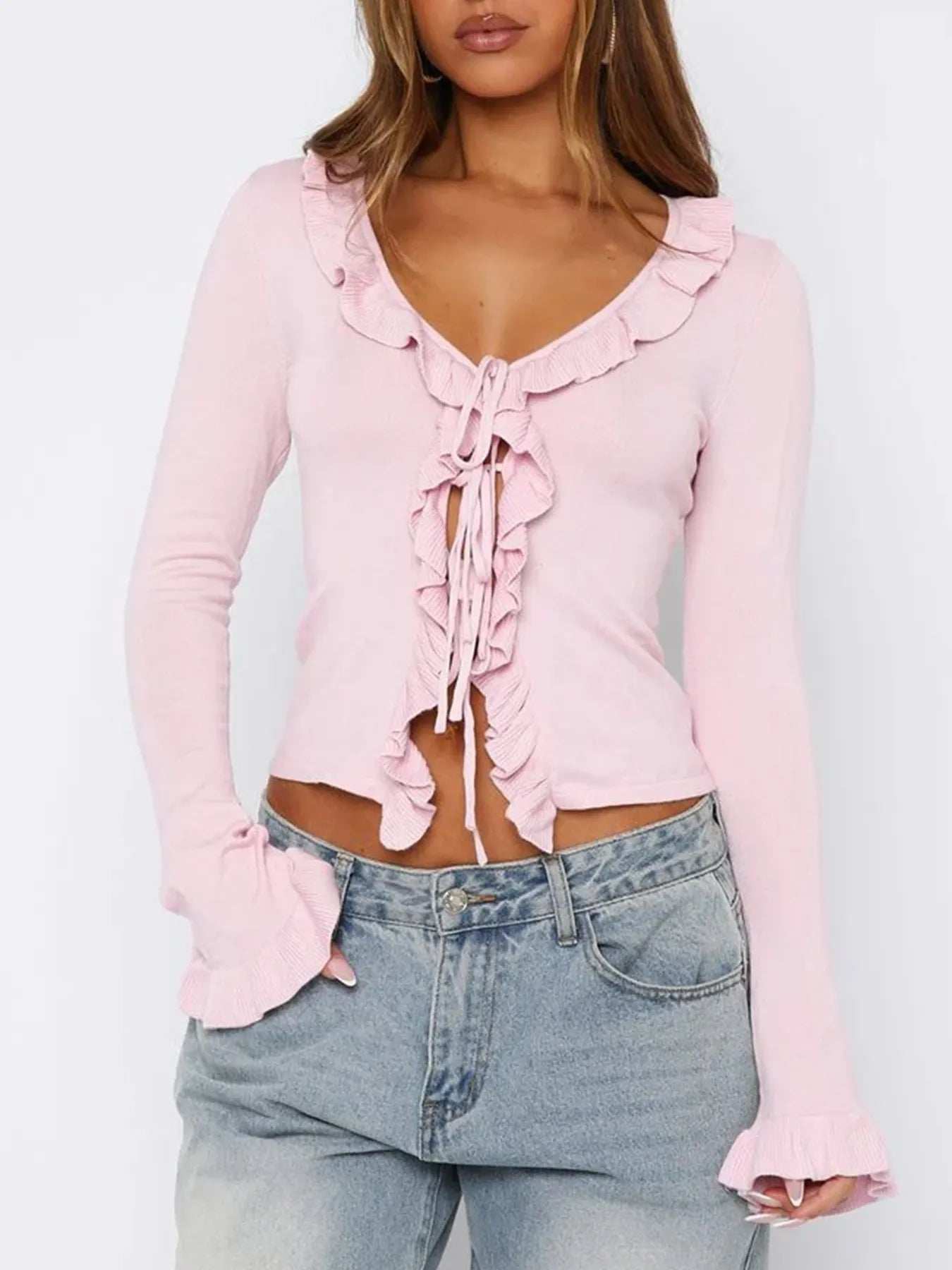 Ruffled Tie Front Flare Sleeve Shirt - Trendsi - Flyclothing LLC