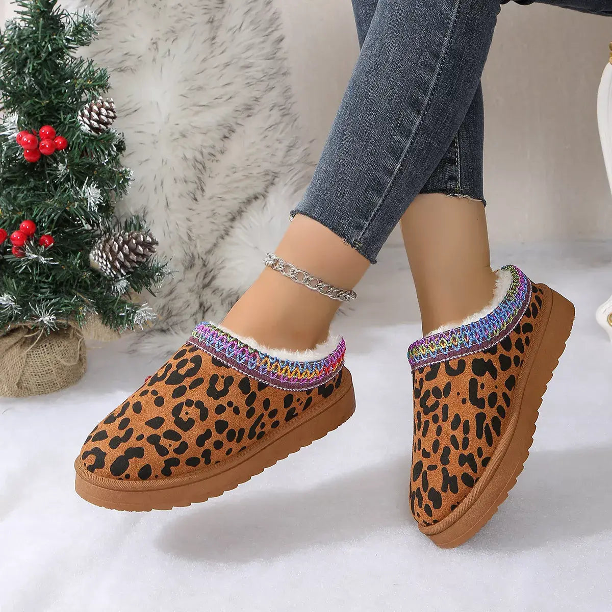 Leopard Print Plush Lined Warm Slip-Ons - Trendsi - Flyclothing LLC