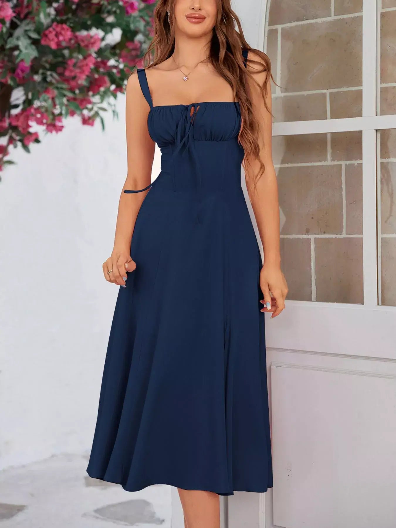 Tie-Front A-Line Midi Dress - Trendsi - Flyclothing LLC