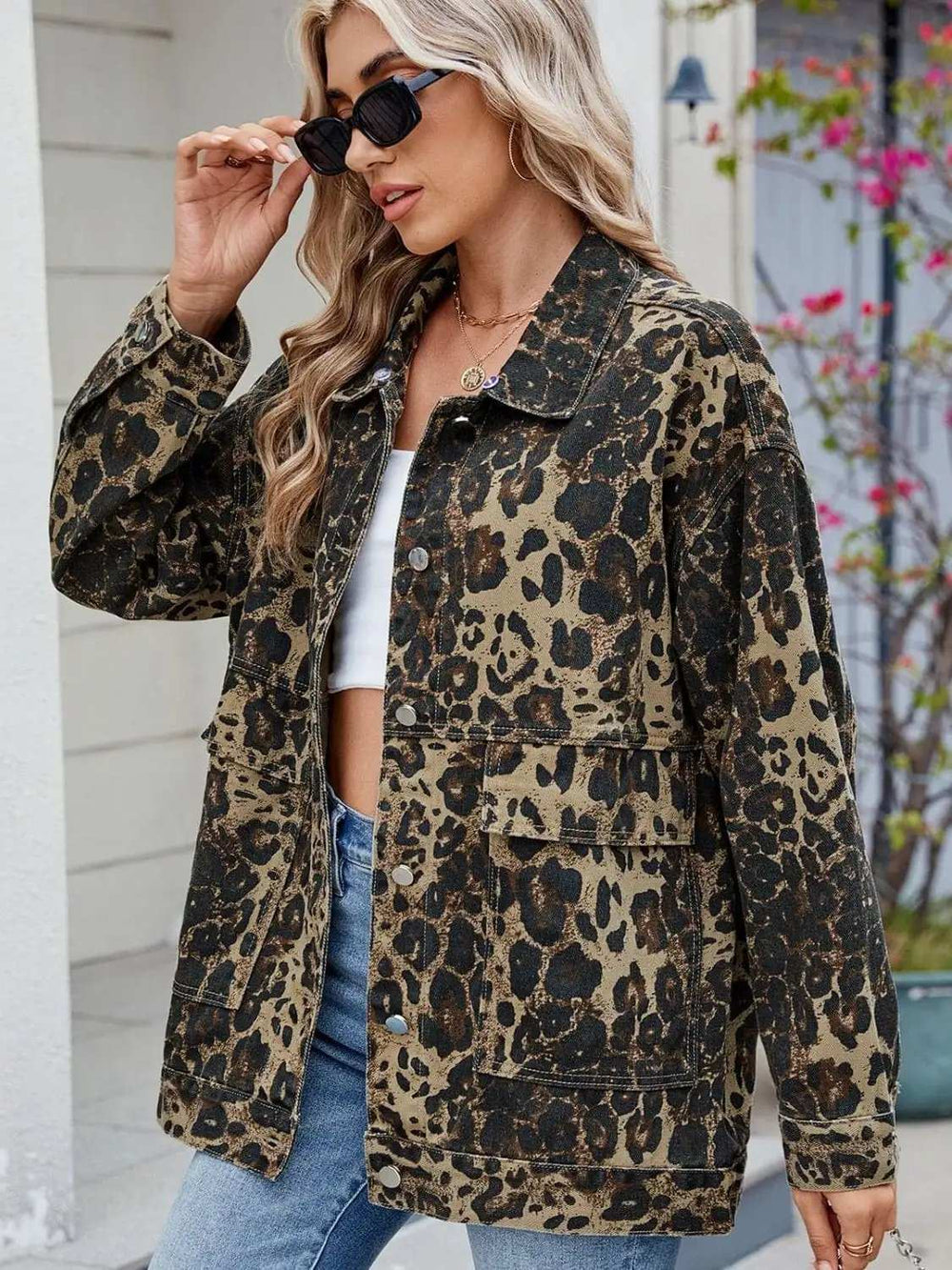 Leopard Button Up Drop Shoulder Denim Jacket - Trendsi - Flyclothing LLC