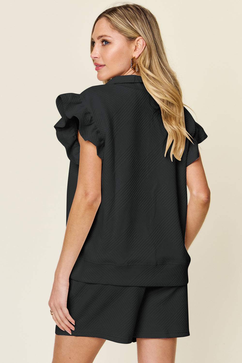 Double Take Full Size Texture Flounce Sleeve Top and Drawstring Shorts Set - Trendsi - Flyclothing LLC