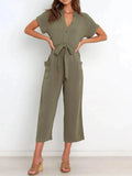 Notched Short Sleeve Tie Waist Jumpsuit - Trendsi