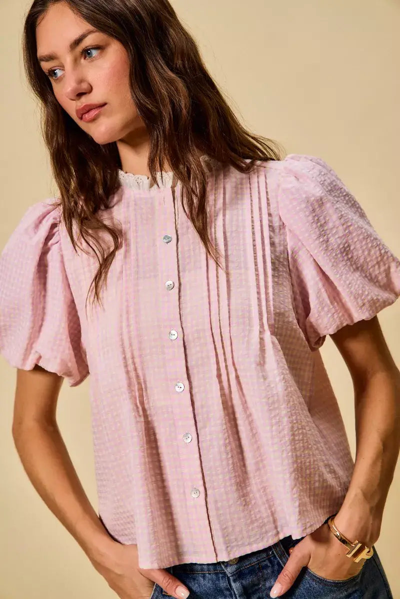 SO ME Gingham Lace Trim Button Bubble Sleeves Blouse - Trendsi - Flyclothing LLC