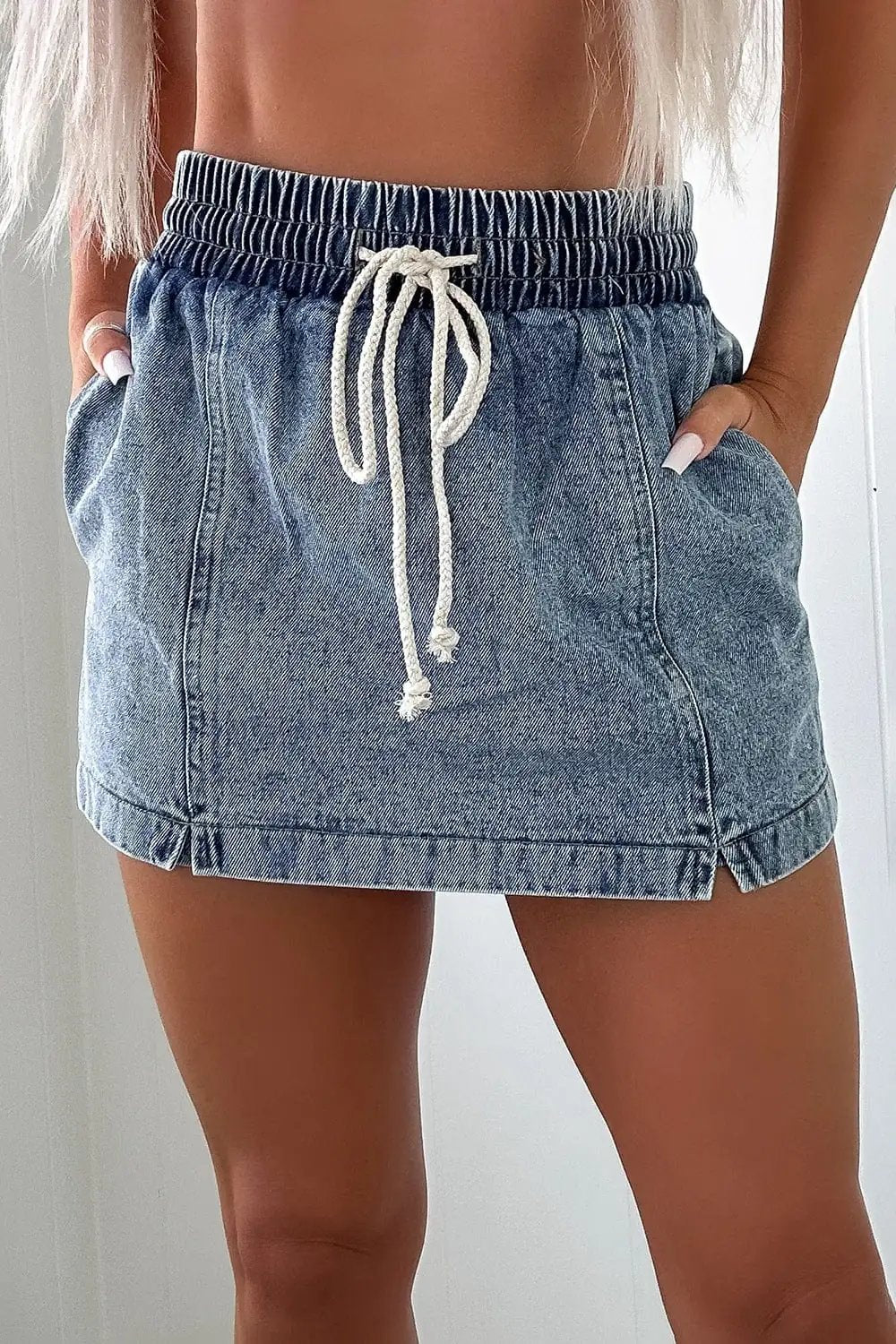 Drawstring High Waist Pocketed Denim Shorts - Trendsi