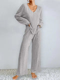 V-Neck Long Sleeve Top and Pants Set - Trendsi - Flyclothing LLC