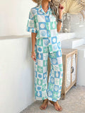 Devine Printed Collared Neck Half Sleeve Top and Pants Set - Trendsi - Flyclothing LLC
