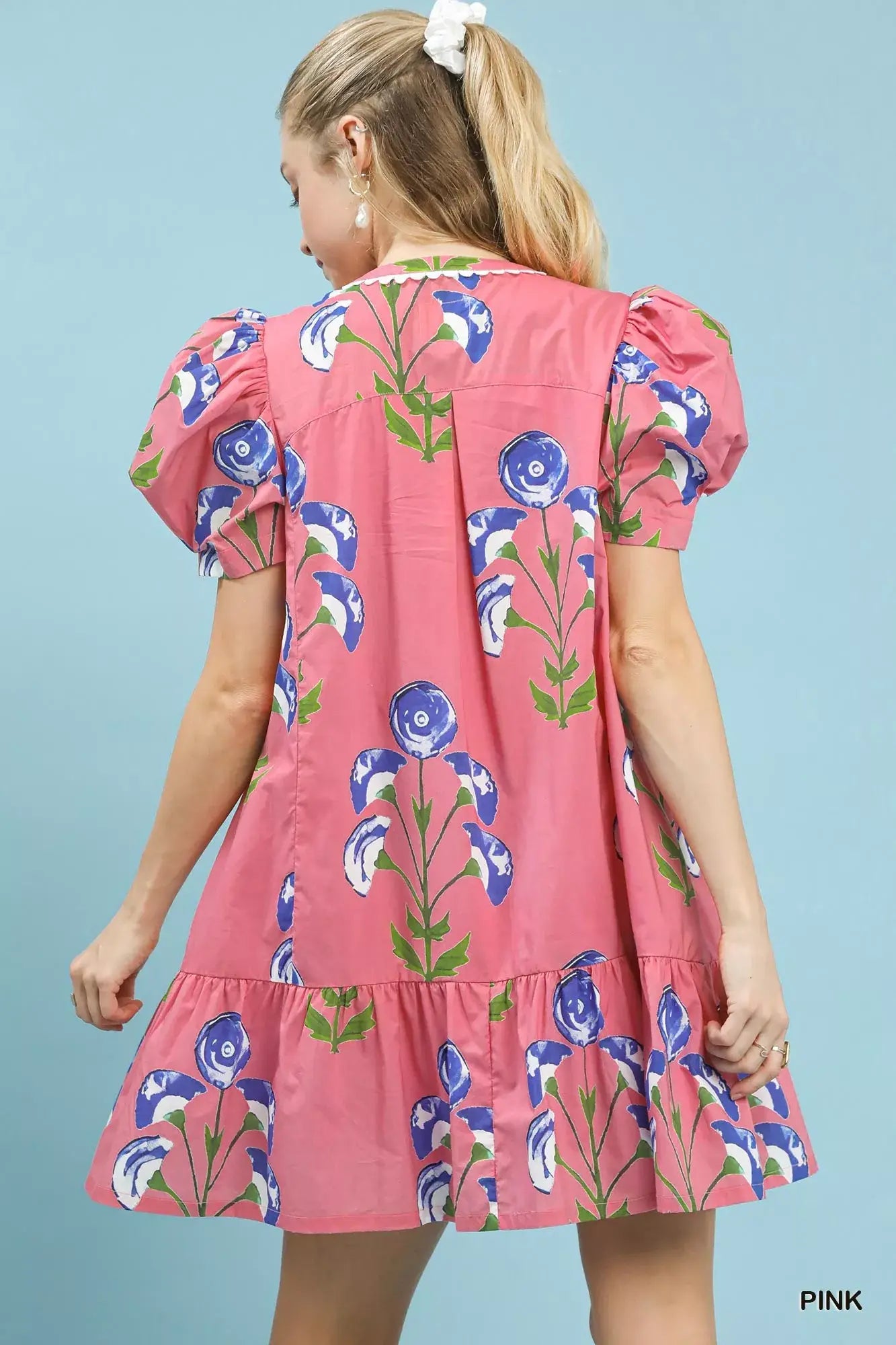Umgee Floral Print Puff Sleeve Mini Dress with Scallop Trim - Trendsi - Flyclothing LLC