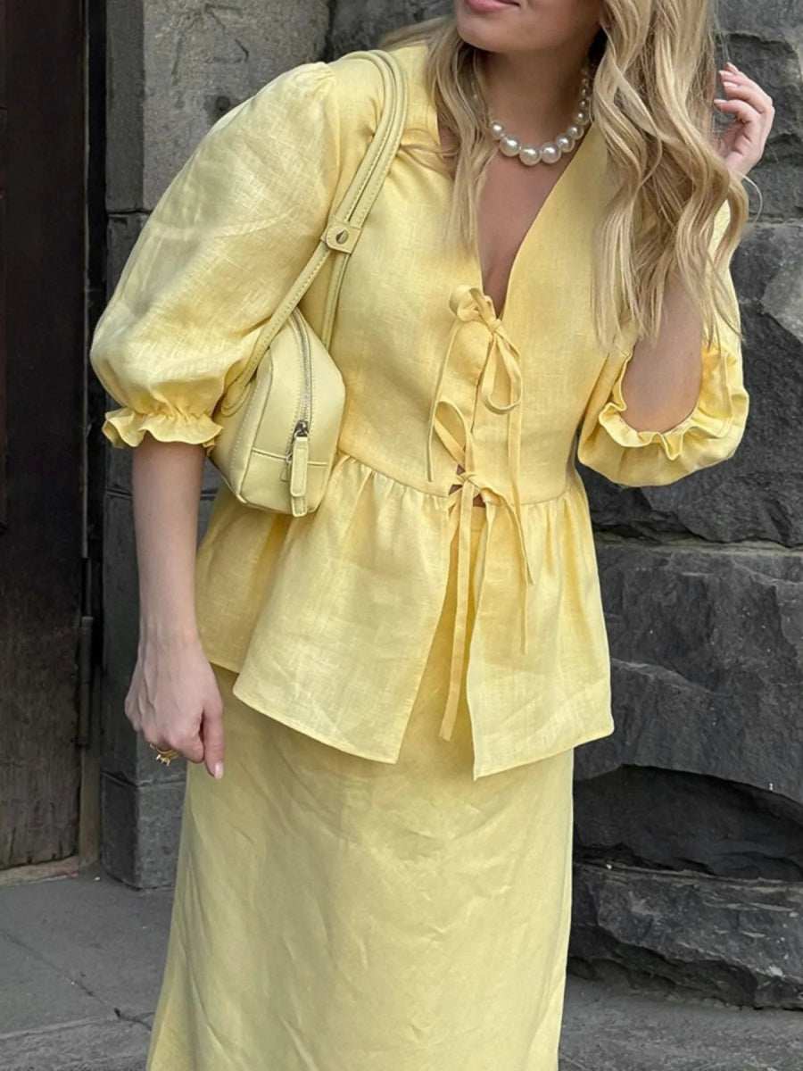 Tie Front Peplum Top and Skirt Set - Trendsi - Flyclothing LLC