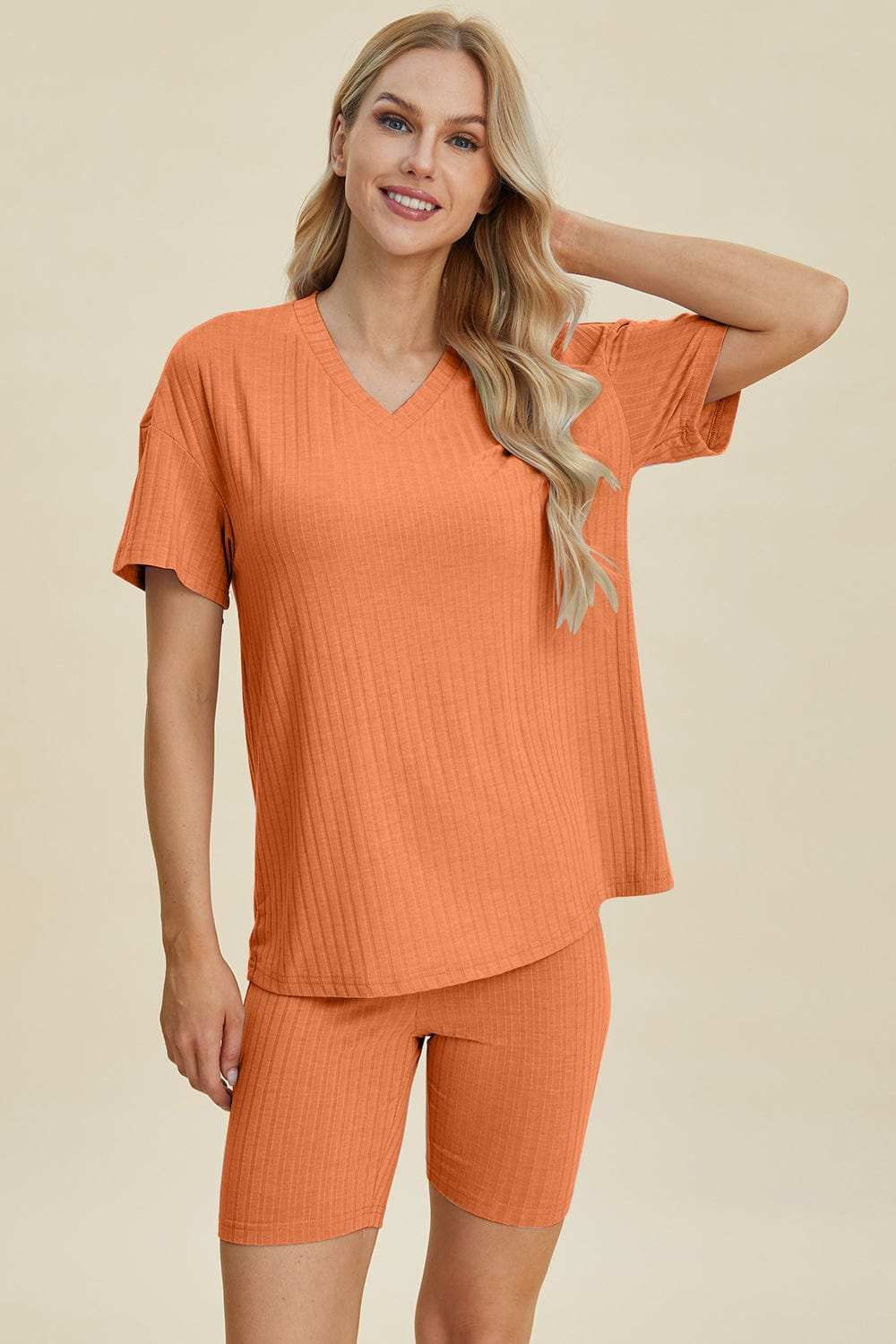 Basic Bae Full Size Ribbed V-Neck Short Sleeve Top and Shorts Set - Trendsi - Flyclothing LLC