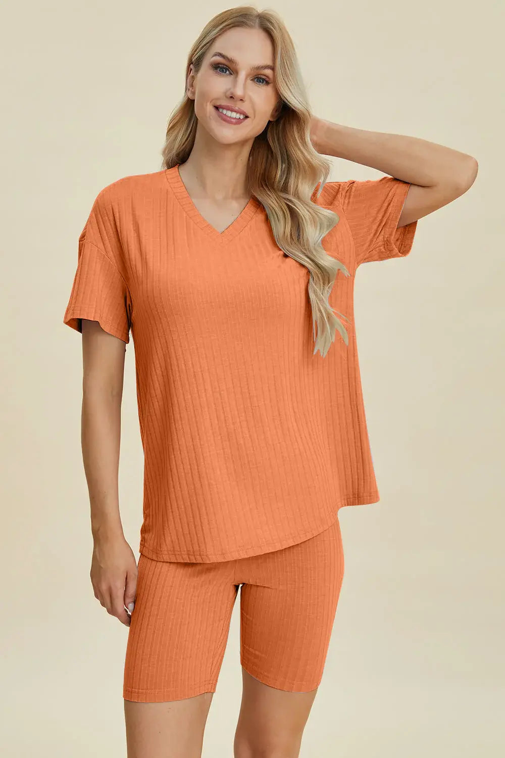 Basic Bae Full Size Ribbed V-Neck Short Sleeve Top and Shorts Set - ShopBasicbae - Flyclothing LLC
